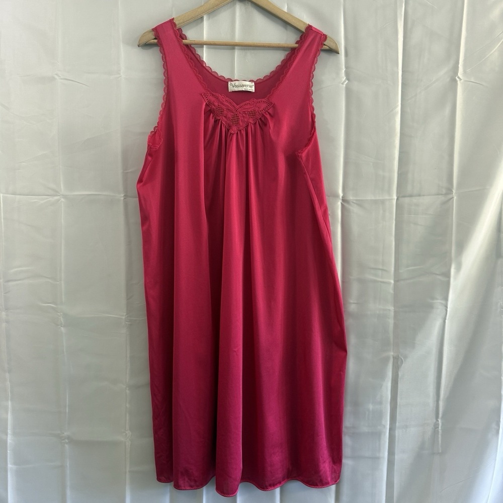 Vtg Vassarette Nightgown Satin Nylon Floral Embroidered Hot Pink Sexy Lingerie L